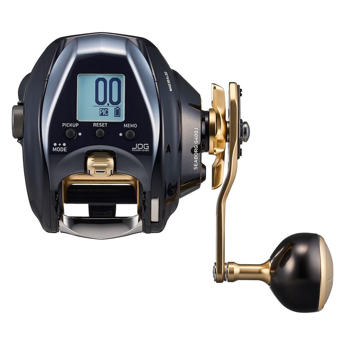 Close-up of handle and gear on Daiwa Seaborg G400J