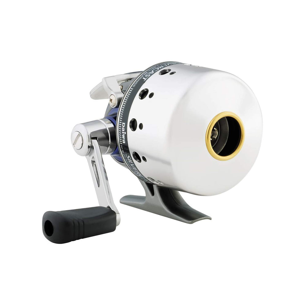 Daiwa Silvercast-A closeup highlights rugged aluminum build for reliable freshwater performance.