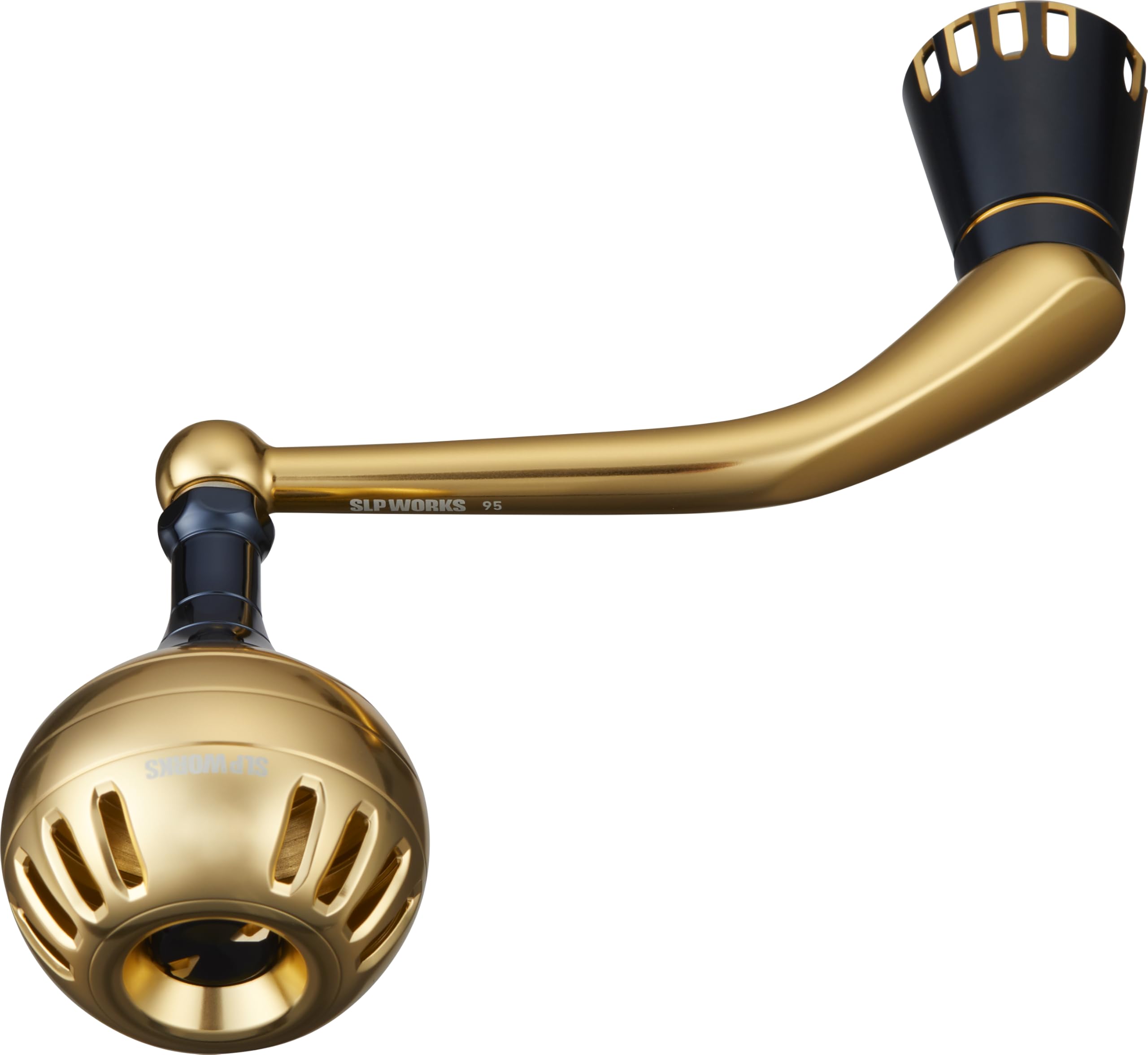 Daiwa SLP Works 25 Saltiga 95mm power handle in gold enhances winding torque.