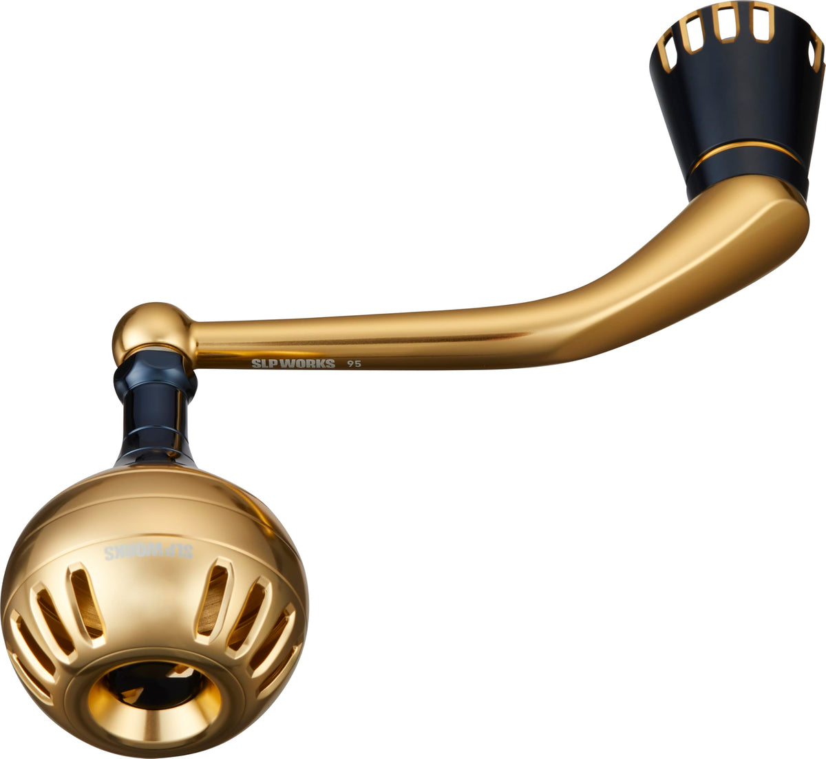 Daiwa SLP Works 25 Saltiga 95mm power handle in gold enhances winding torque.