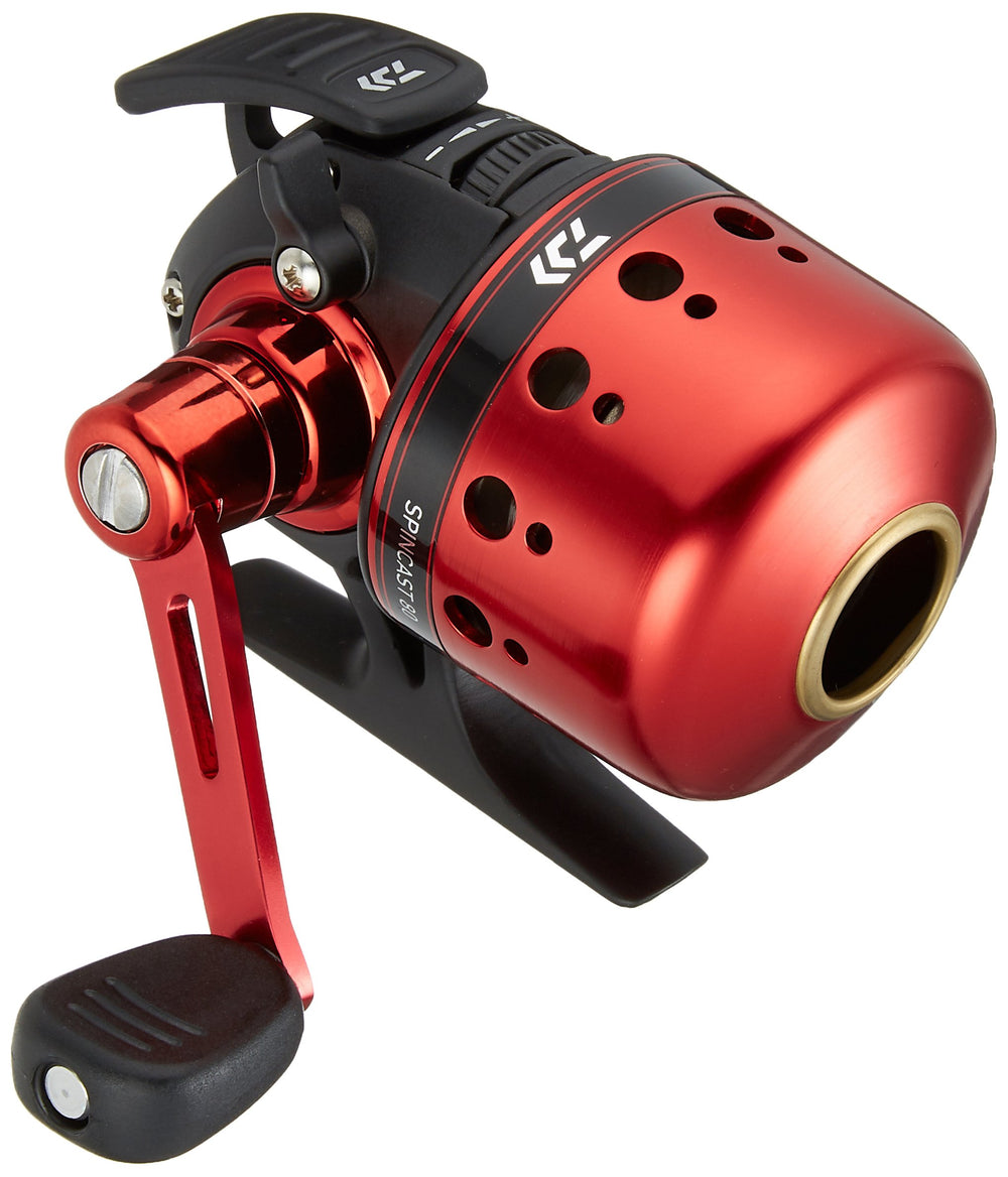 Daiwa Spincast 80 reel front view, lightweight beginner-friendly closed-face design for easy casting.