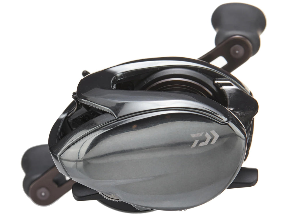 Daiwa Steez SV TWS right-hand reel dial close-up highlighting advanced drag mechanics.