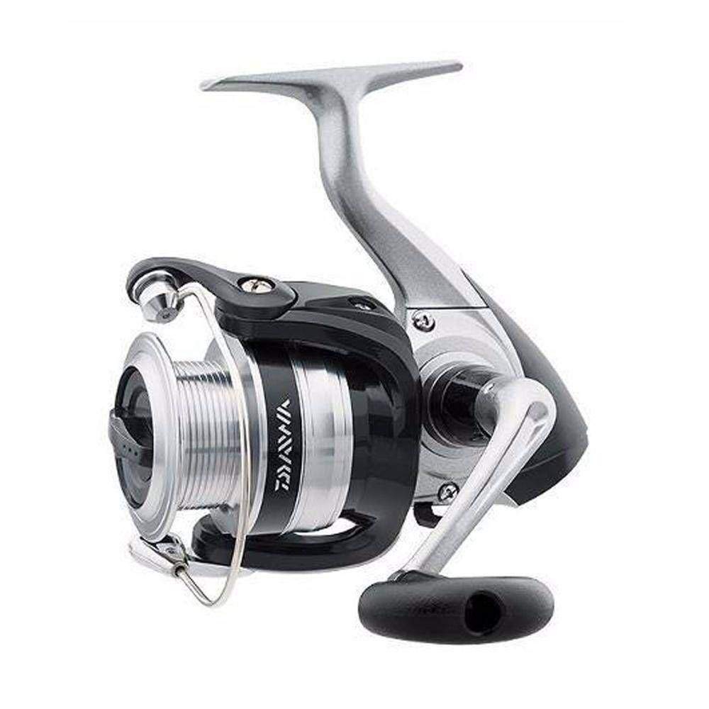Close-up of Daiwa Strikeforce Medium-Light Spinning Reel in silver with 5.3:1 gear ratio