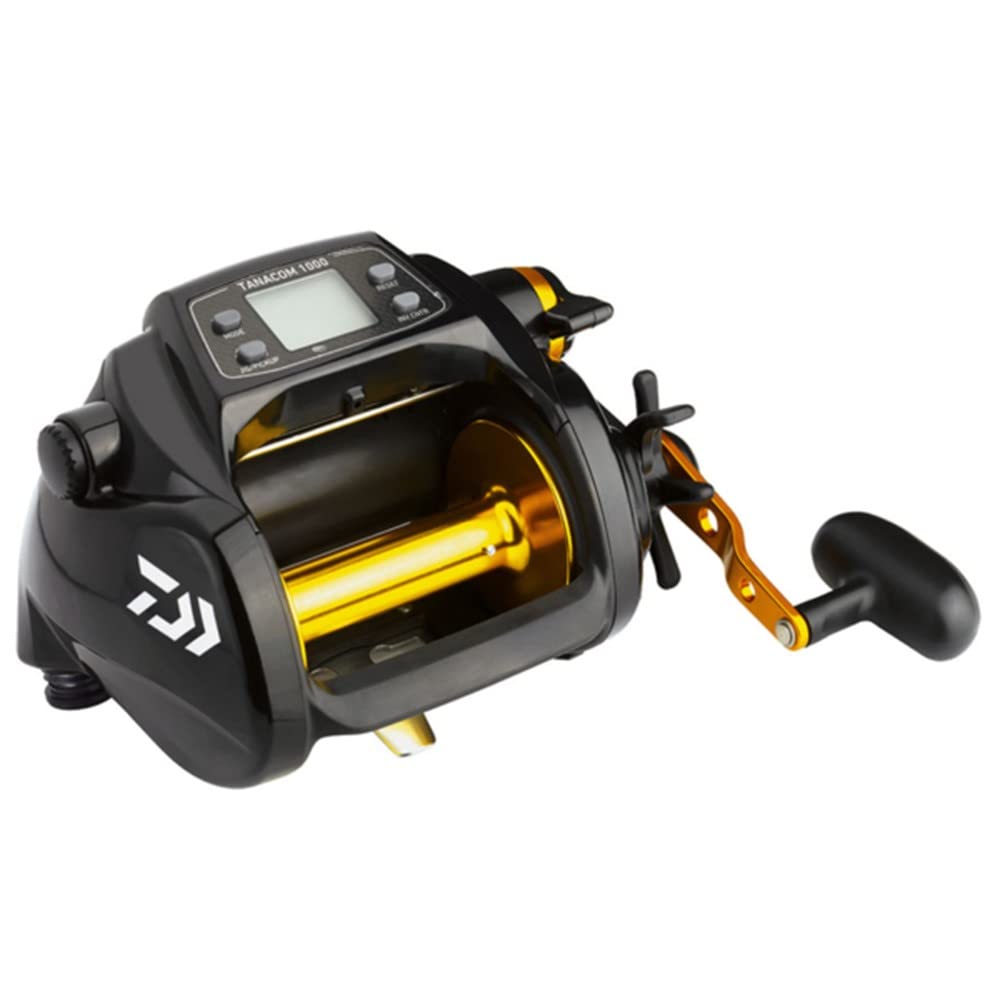 Daiwa TANACOM 750 E reel front view, showing robust power and smooth line handling.