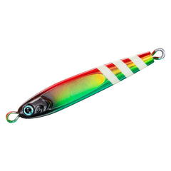 Daiwa tungsten jig TG Bait 120 FH tropical zebra closeup highlights fast sinking action.
