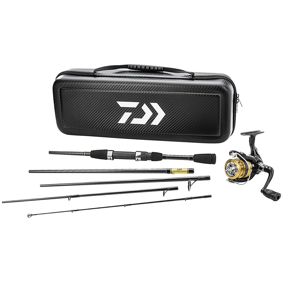 Front view of Daiwa CC20F635ML Carbon Case Travel Pre-Mounted Freshwater Spinning Combo