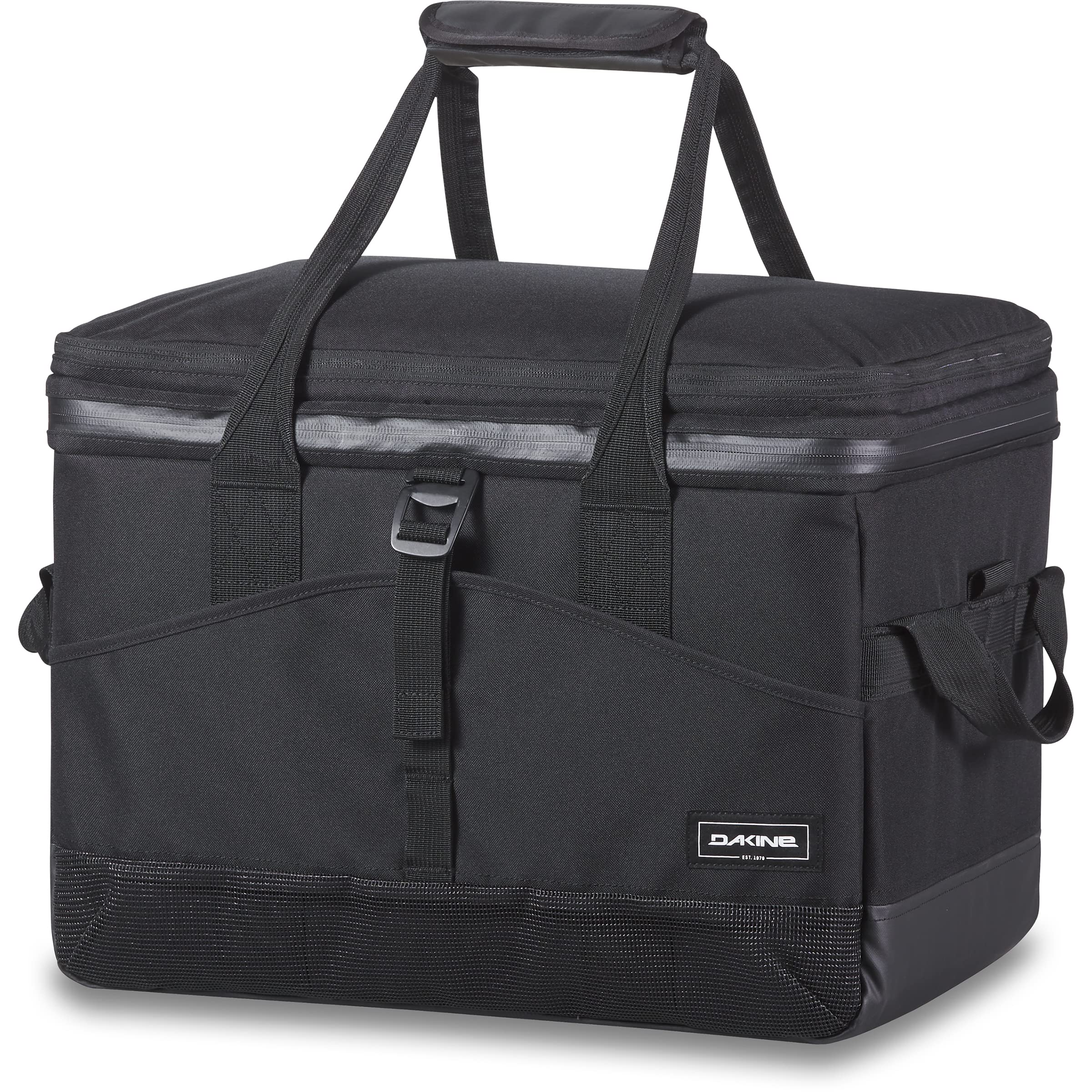 Dakine Cooler 50L in black with front stash pocket for quick access.