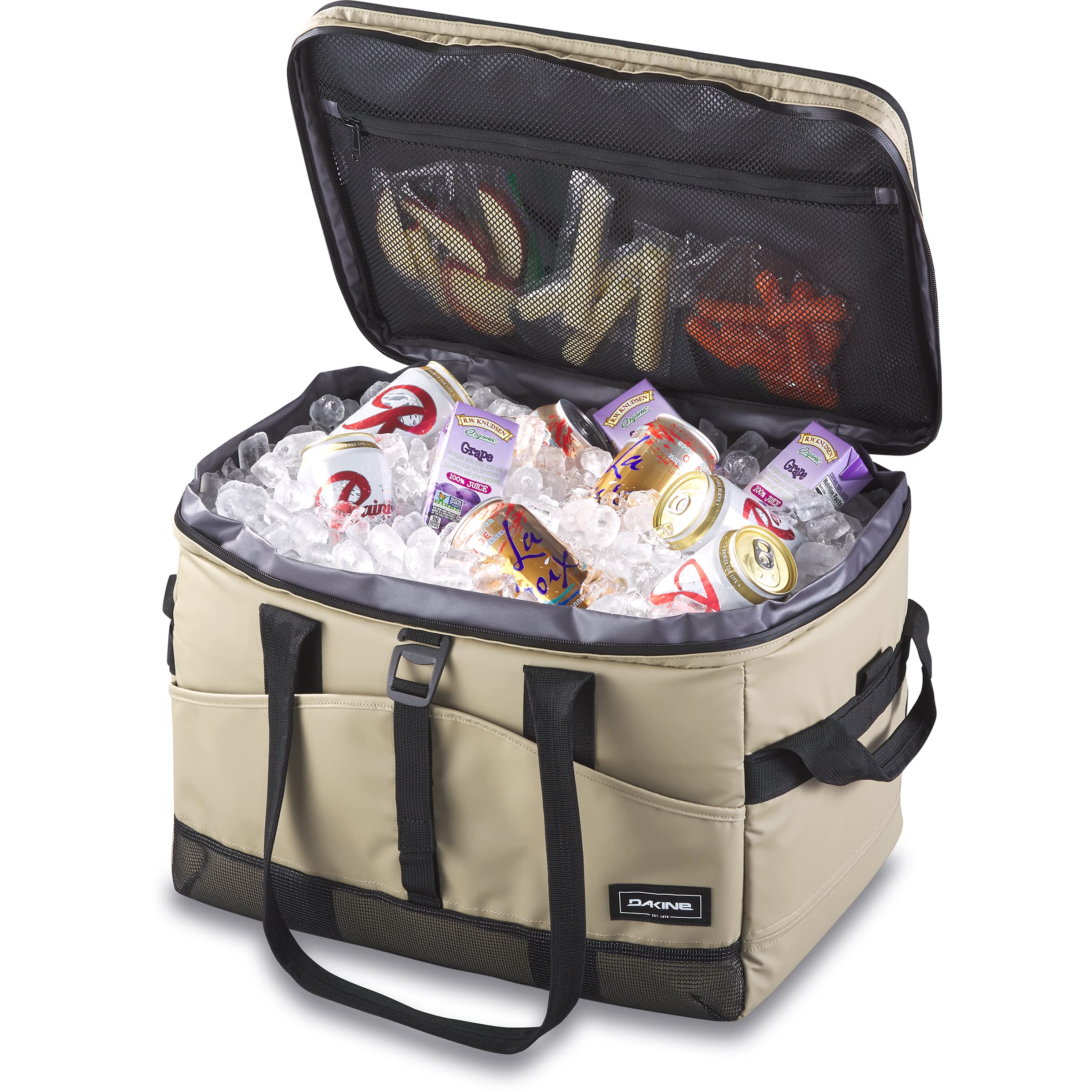 Dakine 50L cooler front buckle bottle opener integrated.