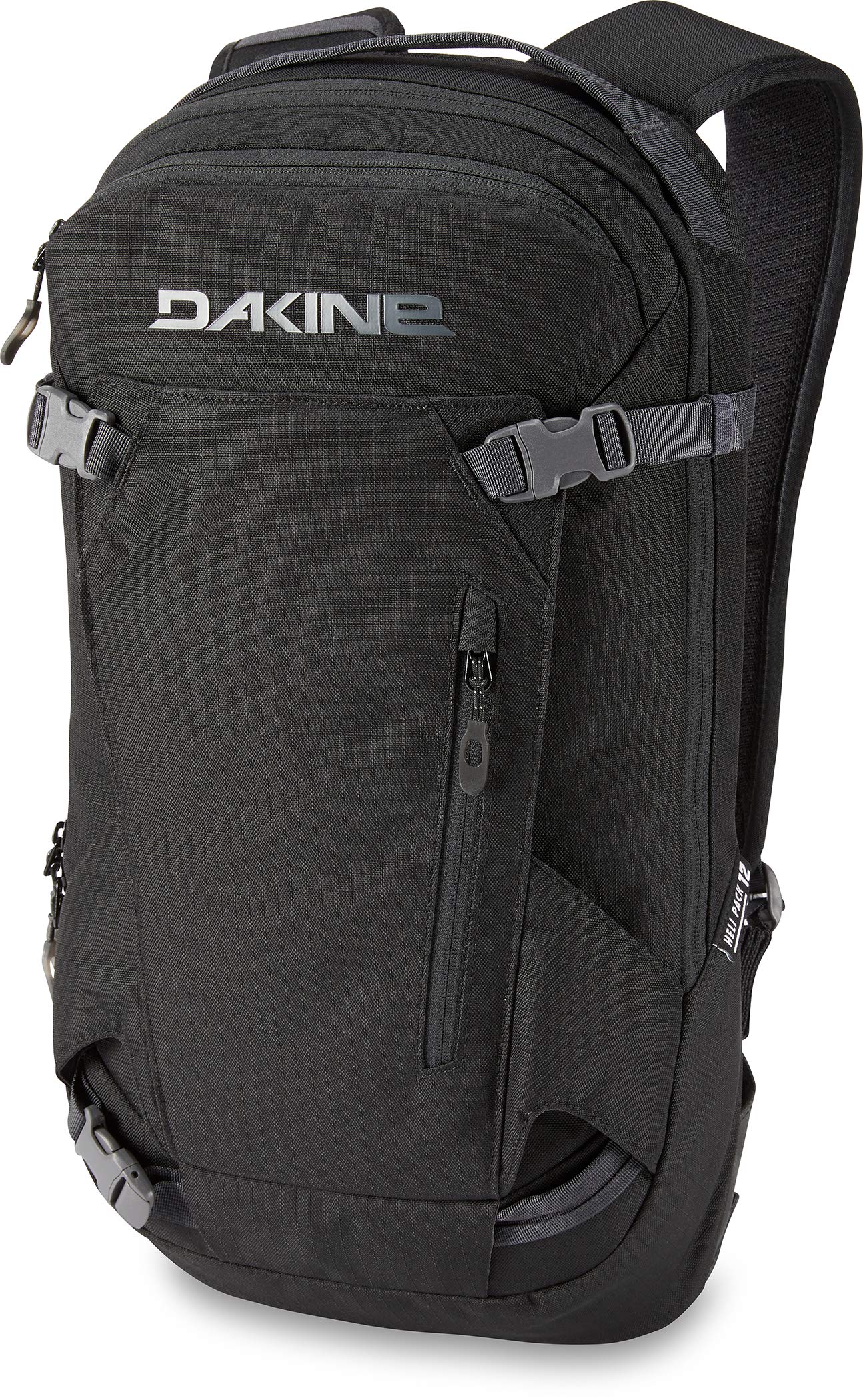 Dakine Heli Pack 12L black front view highlighting goggle pocket and hydration sleeve for on-slope access