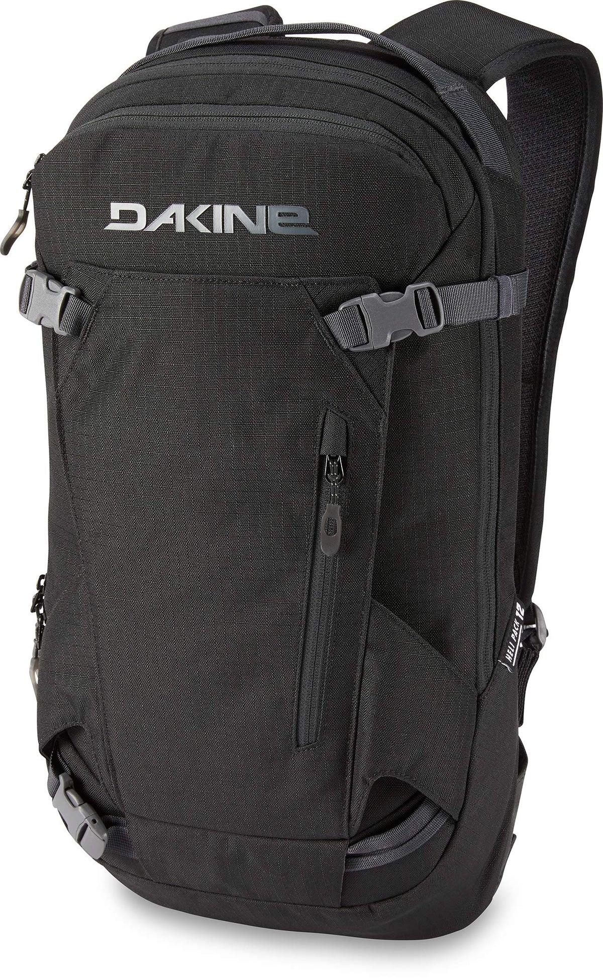 Dakine Heli Pack 12L black front view highlighting goggle pocket and hydration sleeve for on-slope access
