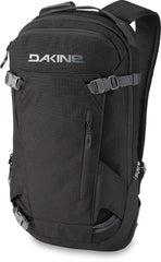 Dakine Heli Pack 12L black front view highlighting goggle pocket and hydration sleeve for on-slope access