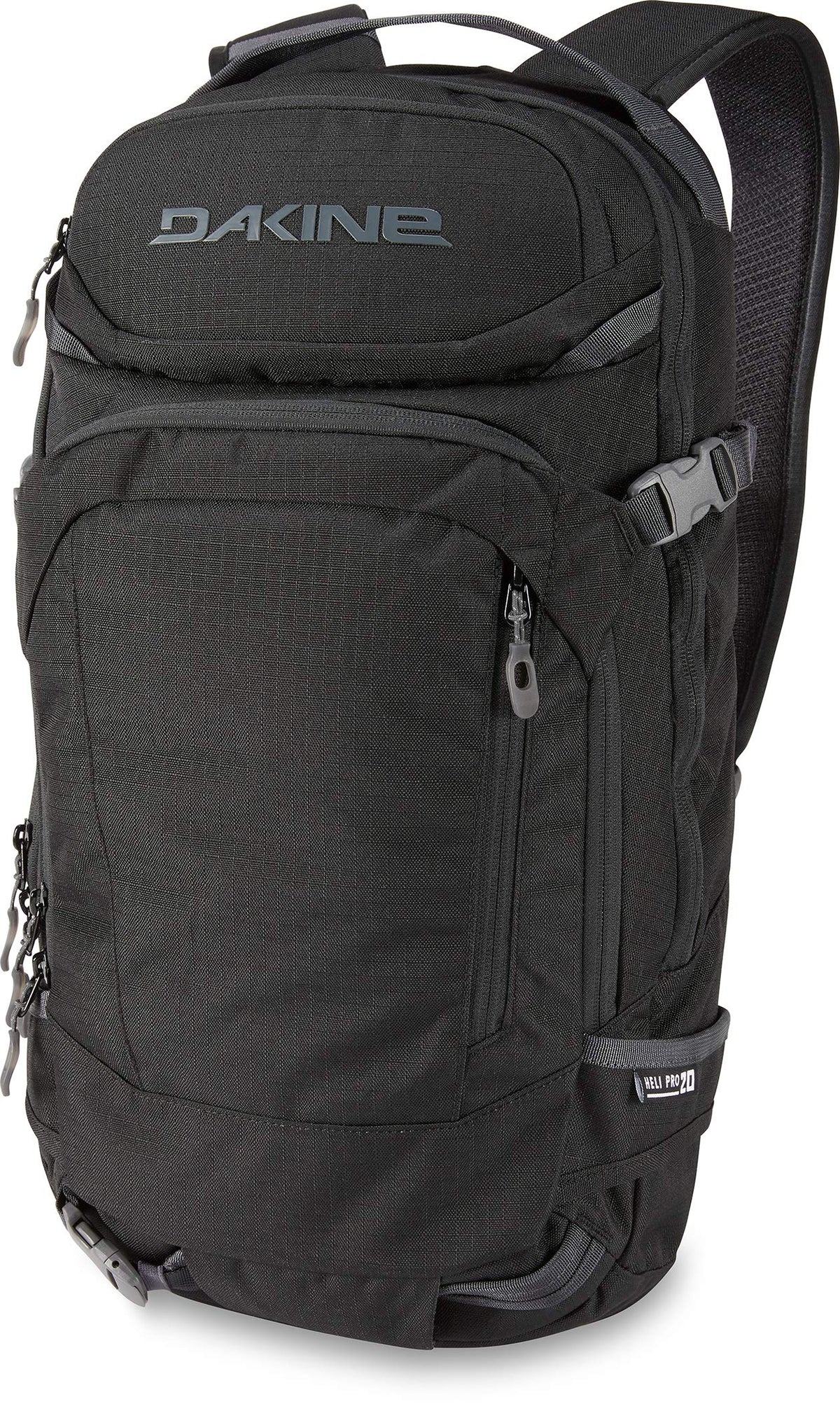 Dakine Heli Pro 20L backpack front view, backcountry-ready with tool sleeves.