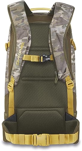 Dakine Heli Pro 24L vintage camo back view, organized tool sleeves included.