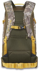 Dakine Heli Pro 24L vintage camo back view, organized tool sleeves included.