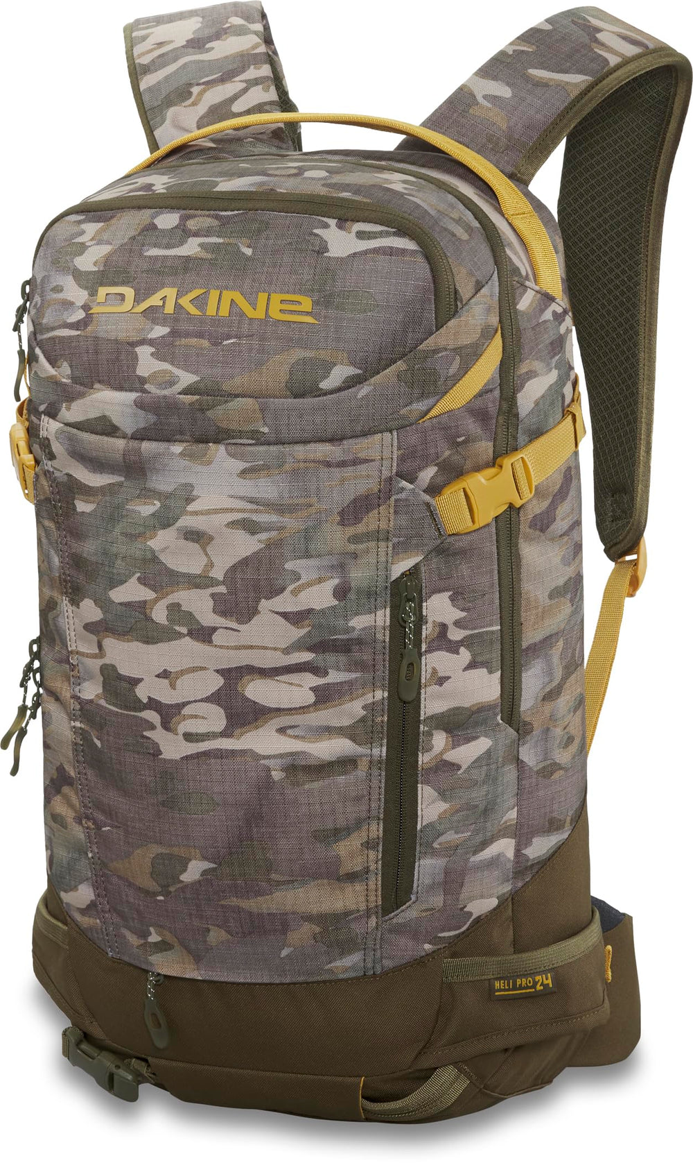 Dakine Heli Pro 24L vintage camo front view, ready for backcountry essentials.