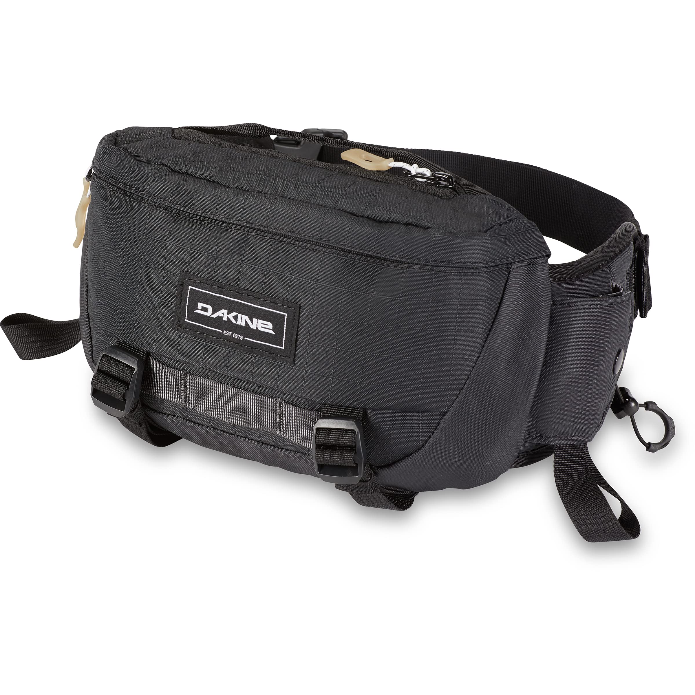 Dakine Hot Laps 2L Black front view with quick-access sunglasses pocket for trail convenience.