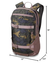 Dakine Mission Pro 18L demonstrates diagonal ski and vertical snowboard carry for versatile gear