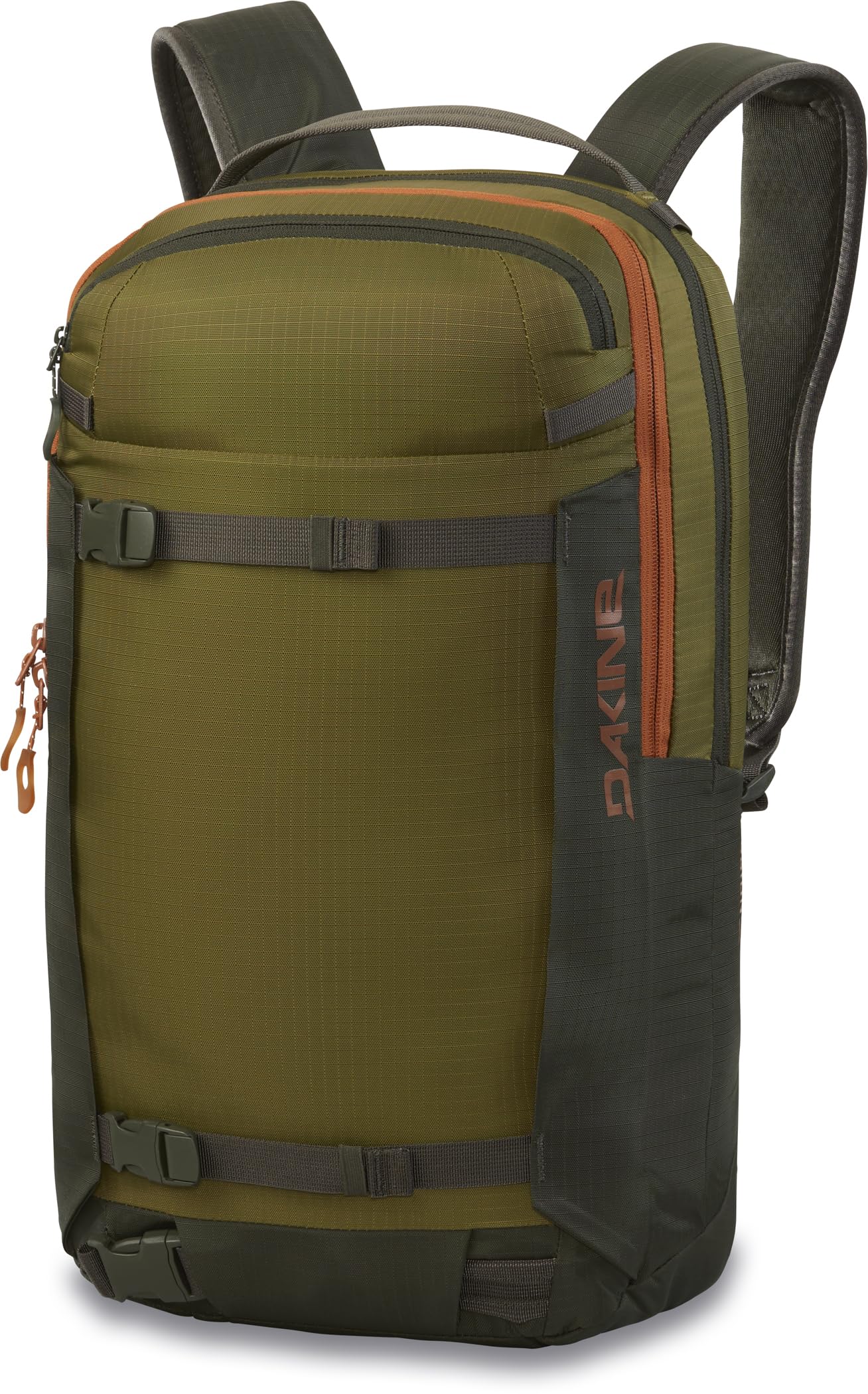 Dakine Mission Pro 18L, front view, shovel and probe storage for powder days.