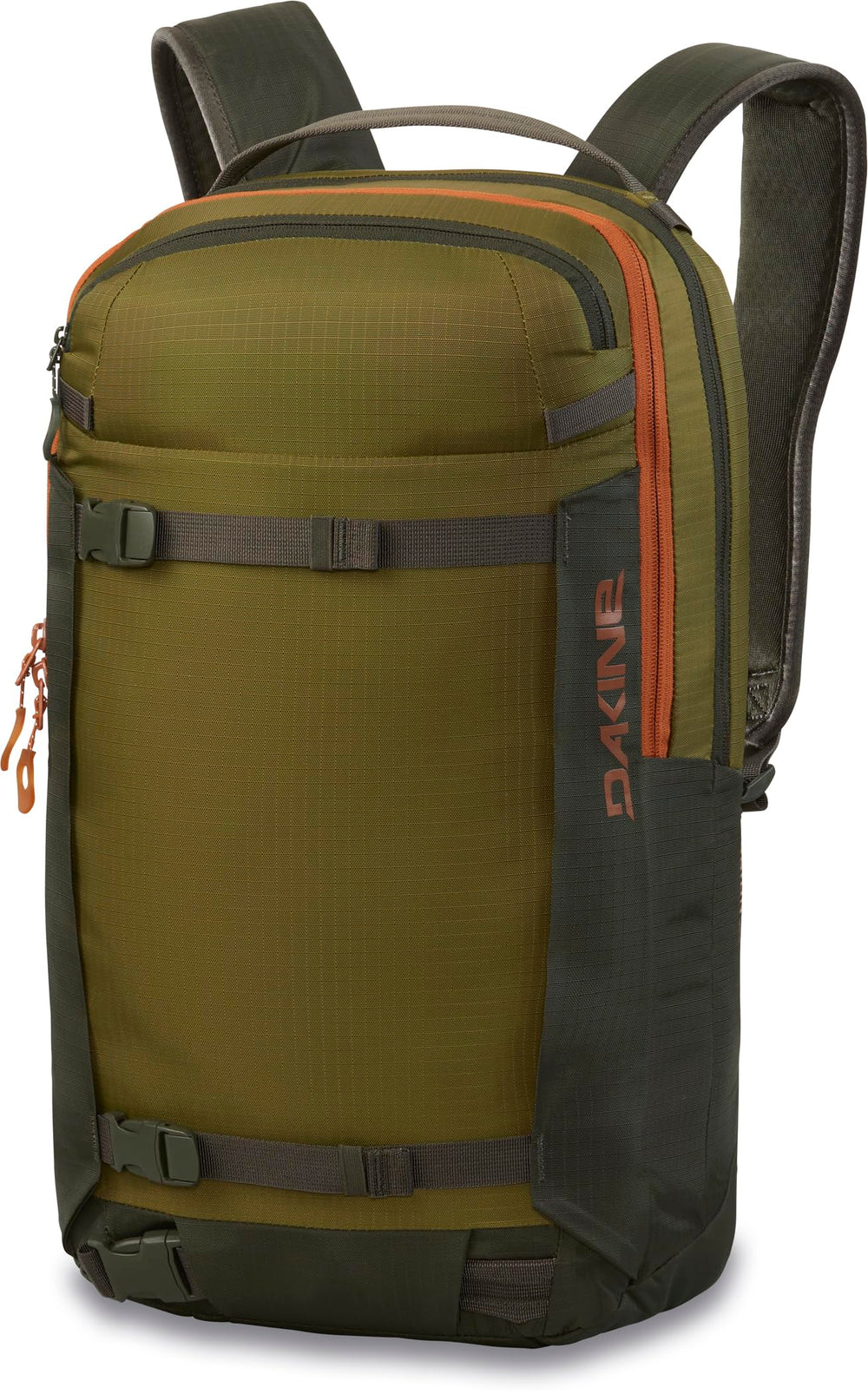 Dakine Mission Pro 18L, front view, shovel and probe storage for powder days.