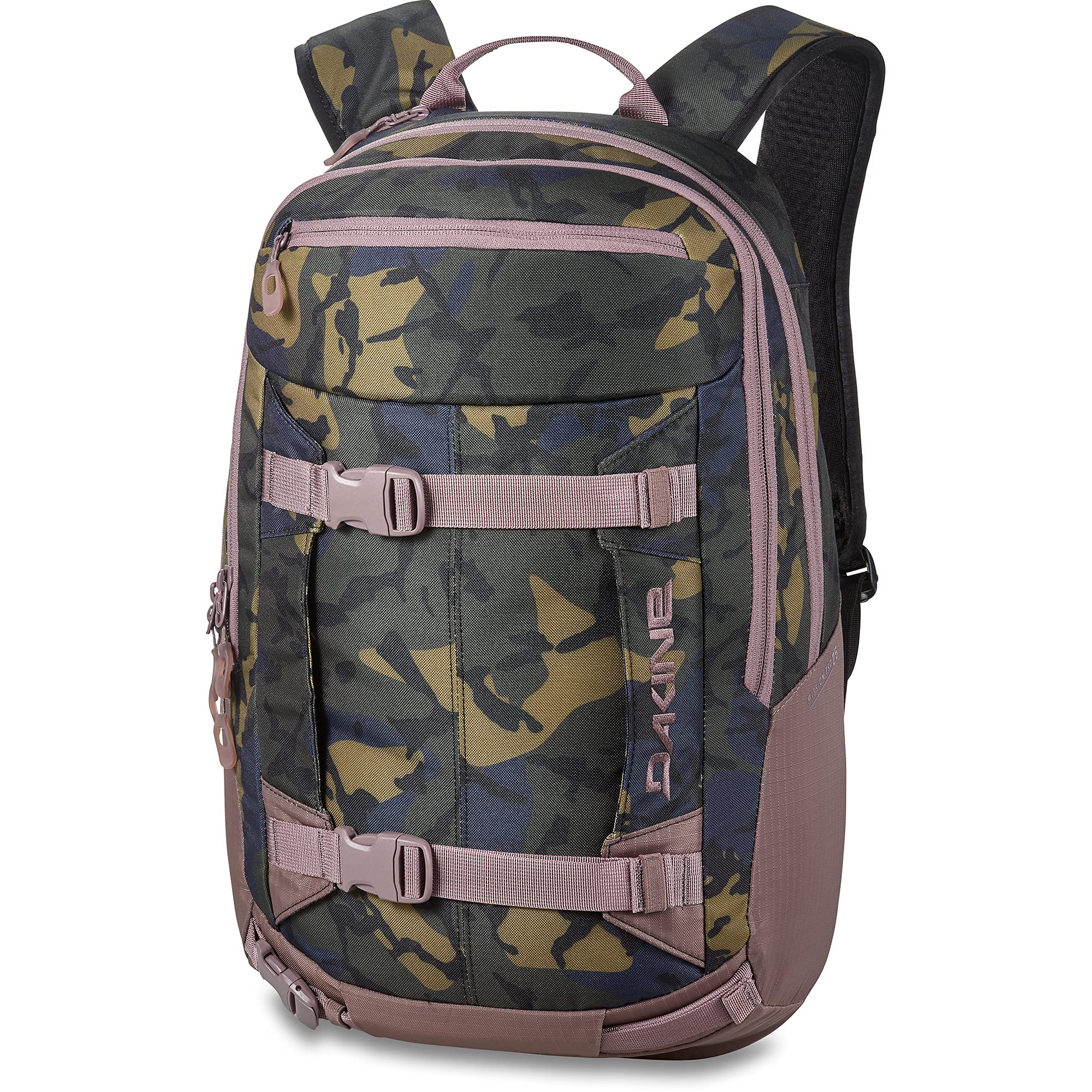Dakine Mission Pro 25L Cascade Camo front view shows versatile backcountry packing options.