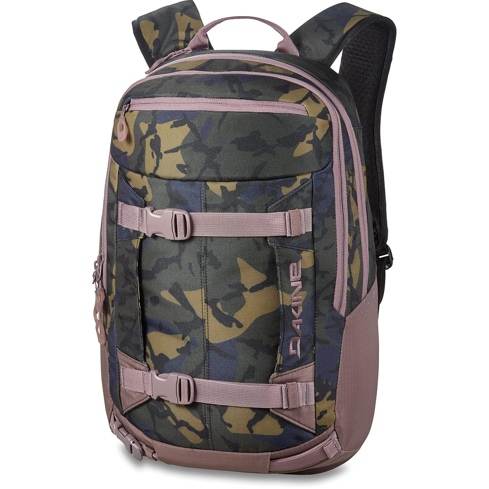 Dakine Mission Pro 25L Cascade Camo front view shows versatile backcountry packing options.