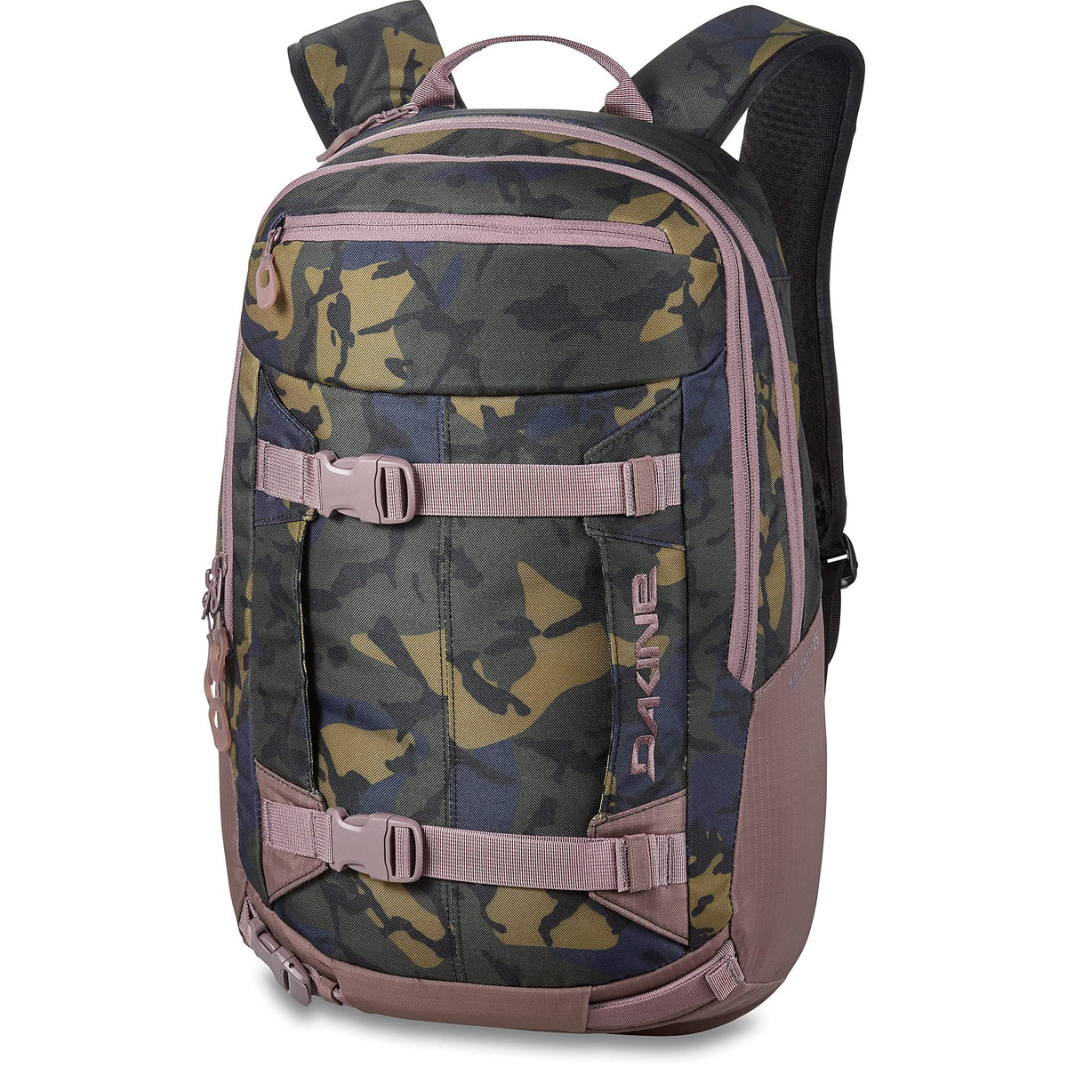 Dakine Mission Pro 25L Cascade Camo front view shows versatile backcountry packing options.