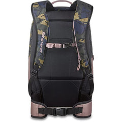 Dakine Mission Pro 25L Cascade Camo side view highlights snowboard and ski carry compatibility.