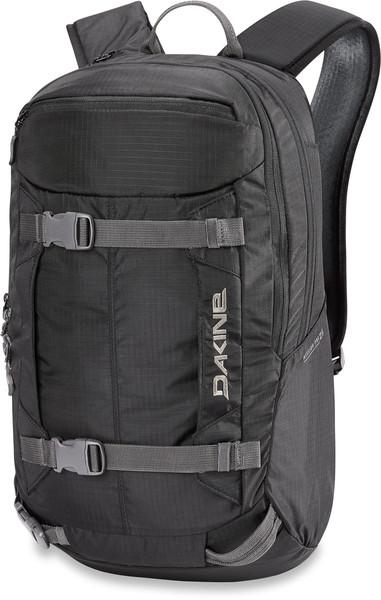 Dakine Mission Pro 25L front view highlights streamlined backcountry storage for day backcountry trips