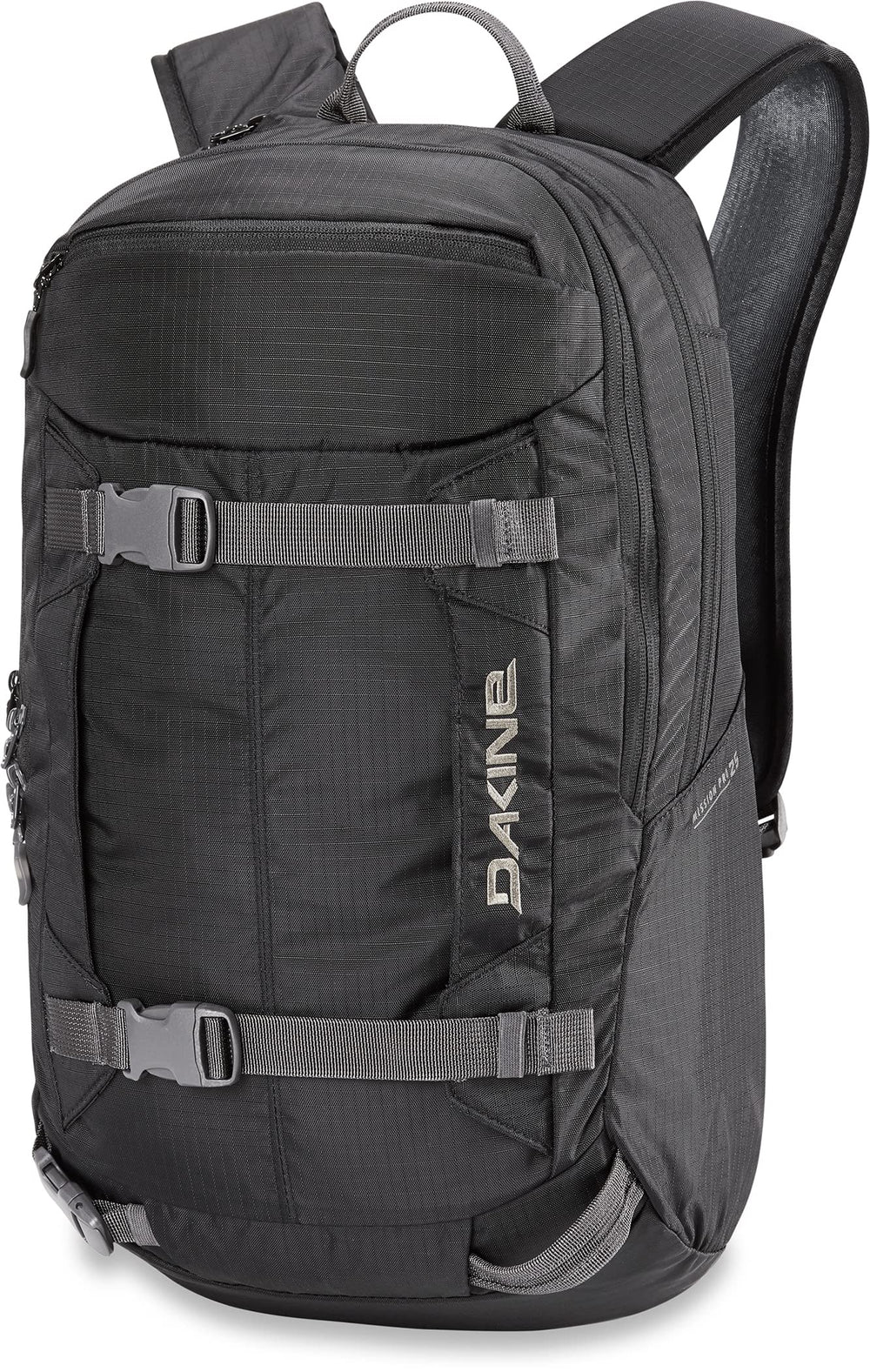Dakine Mission Pro 25L front view highlights streamlined backcountry storage for day backcountry trips