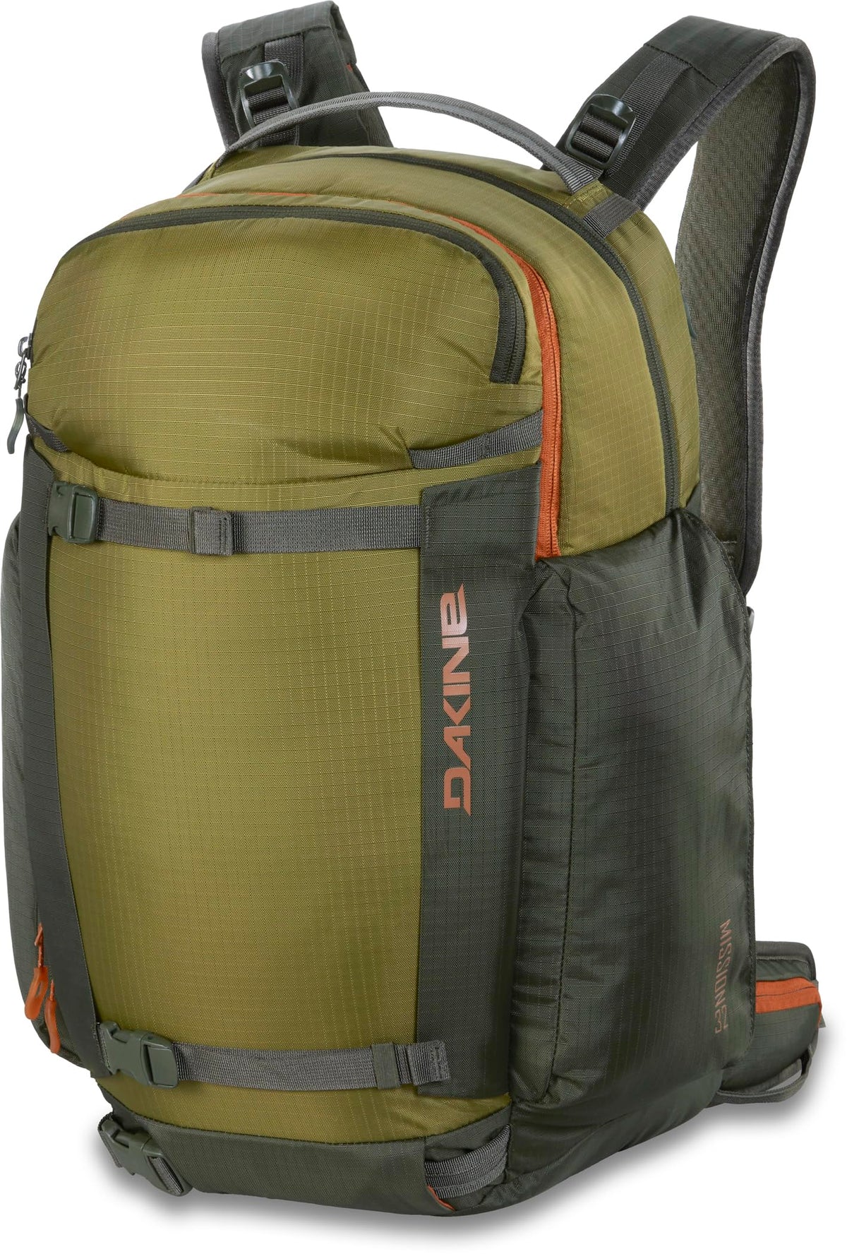 Dakine Mission Pro 32L vertical snowboard carry for quick mountain access.