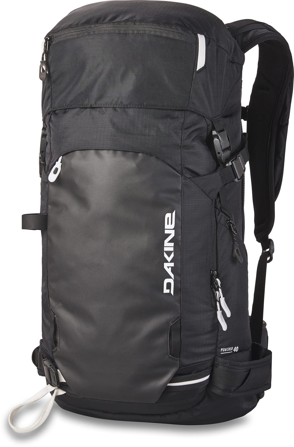Dakine Poacher 40L backpack, front view, ready for backcountry skin tracks and quick gear access.