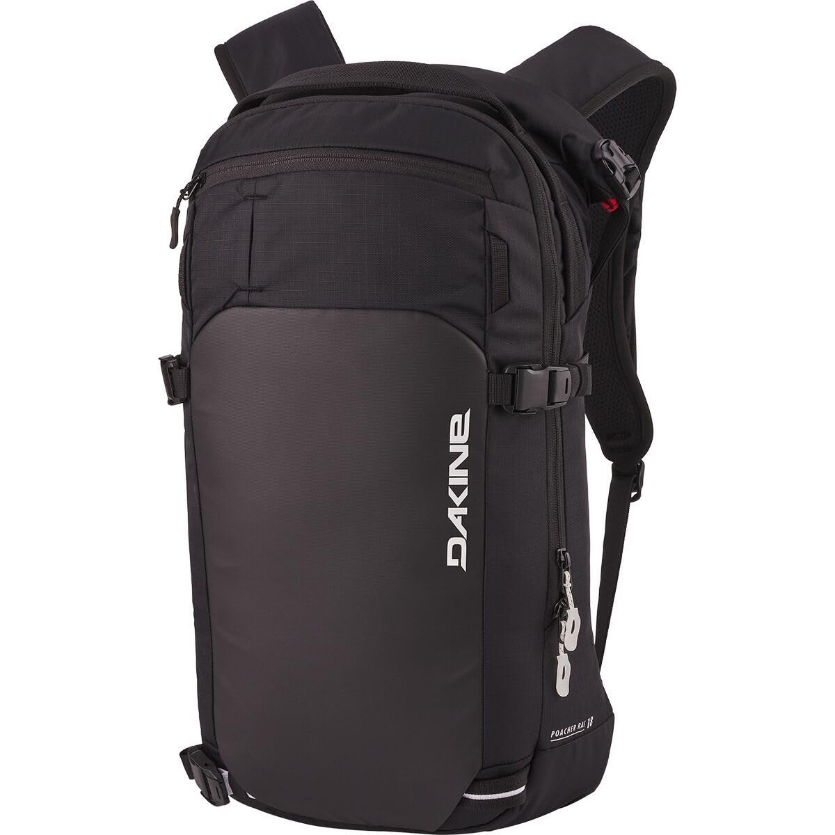 Dakine Poacher RAS backpack in black showing compact 18L backcountry capacity.