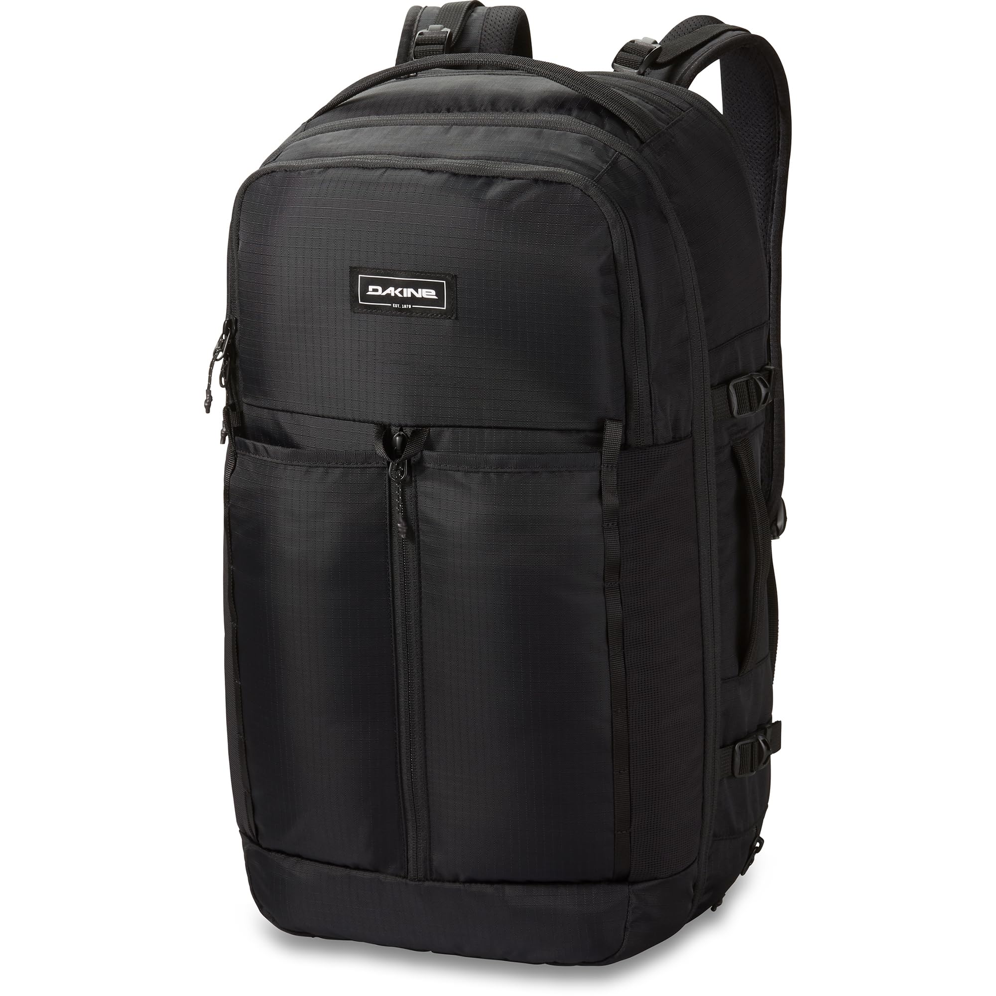 Dakine Split Adventure 38L front view shows durable black ripstop exterior for travel-ready gear.