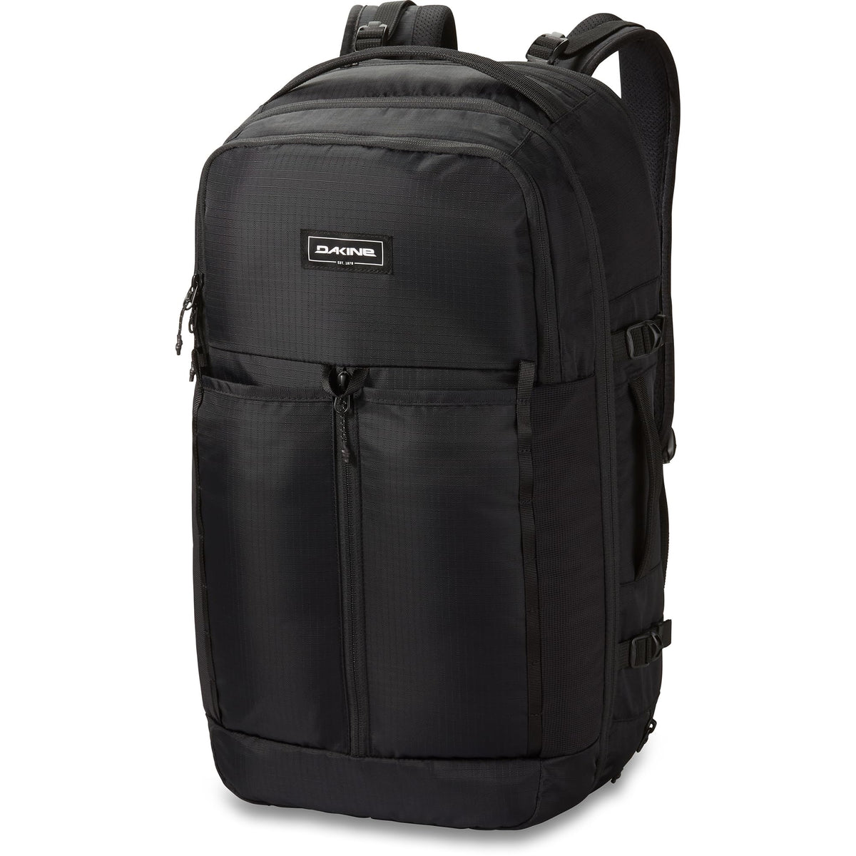 Dakine Split Adventure 38L front view shows durable black ripstop exterior for travel-ready gear.