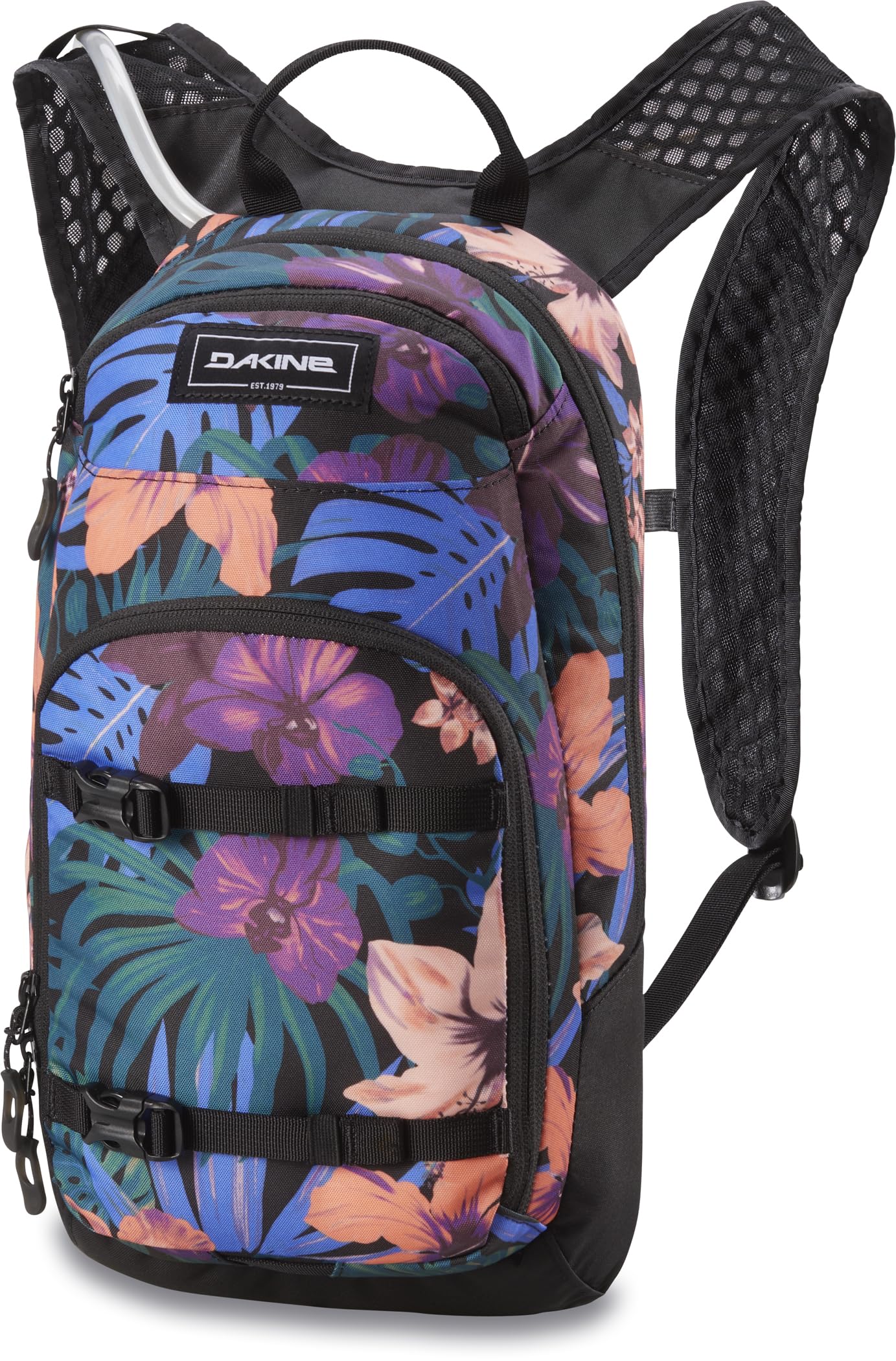 Dakine Women's Session 8L Black Tropidelic pack front view highlighting compact trail storage
