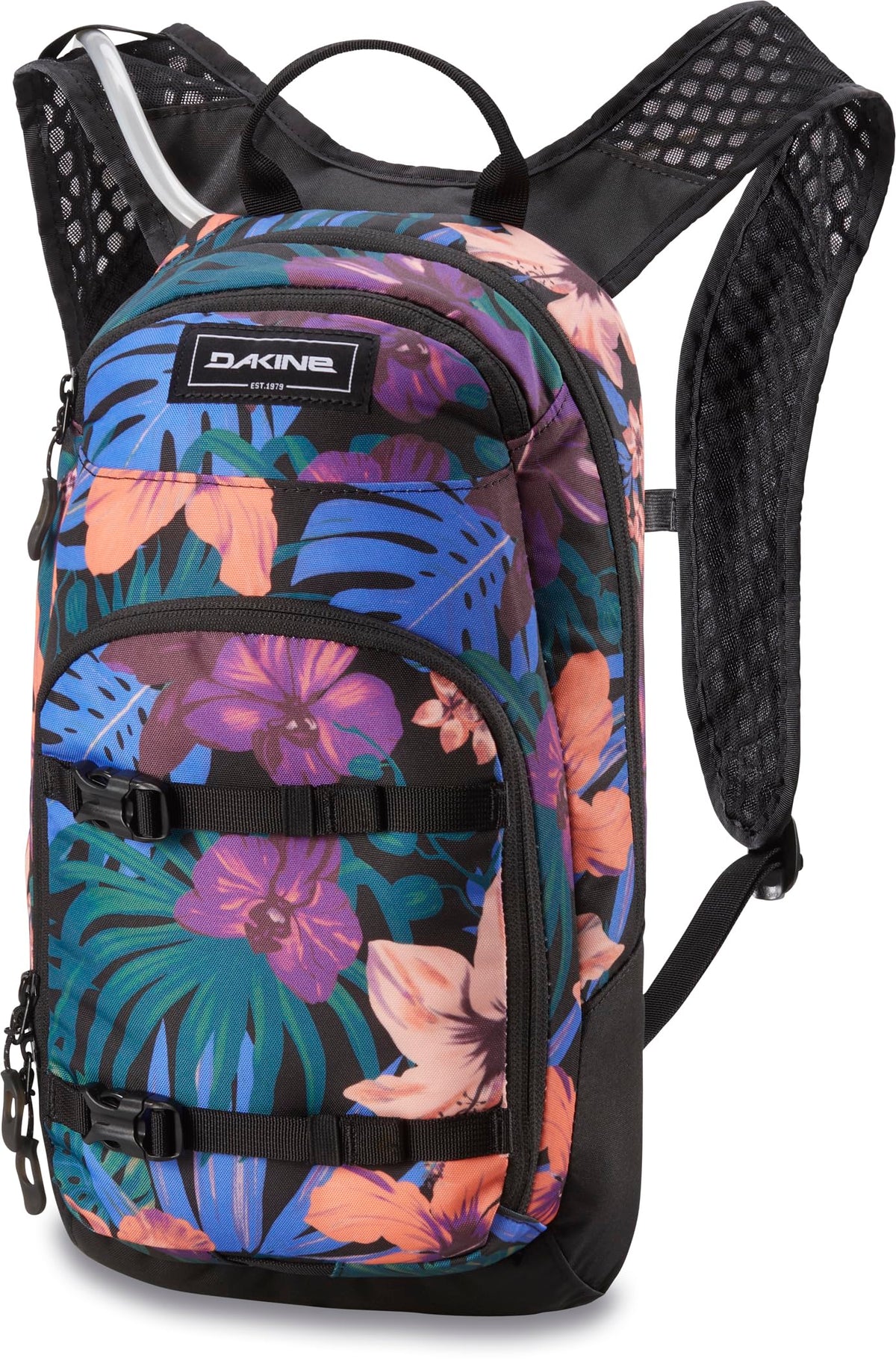 Dakine Women's Session 8L Black Tropidelic pack front view highlighting compact trail storage