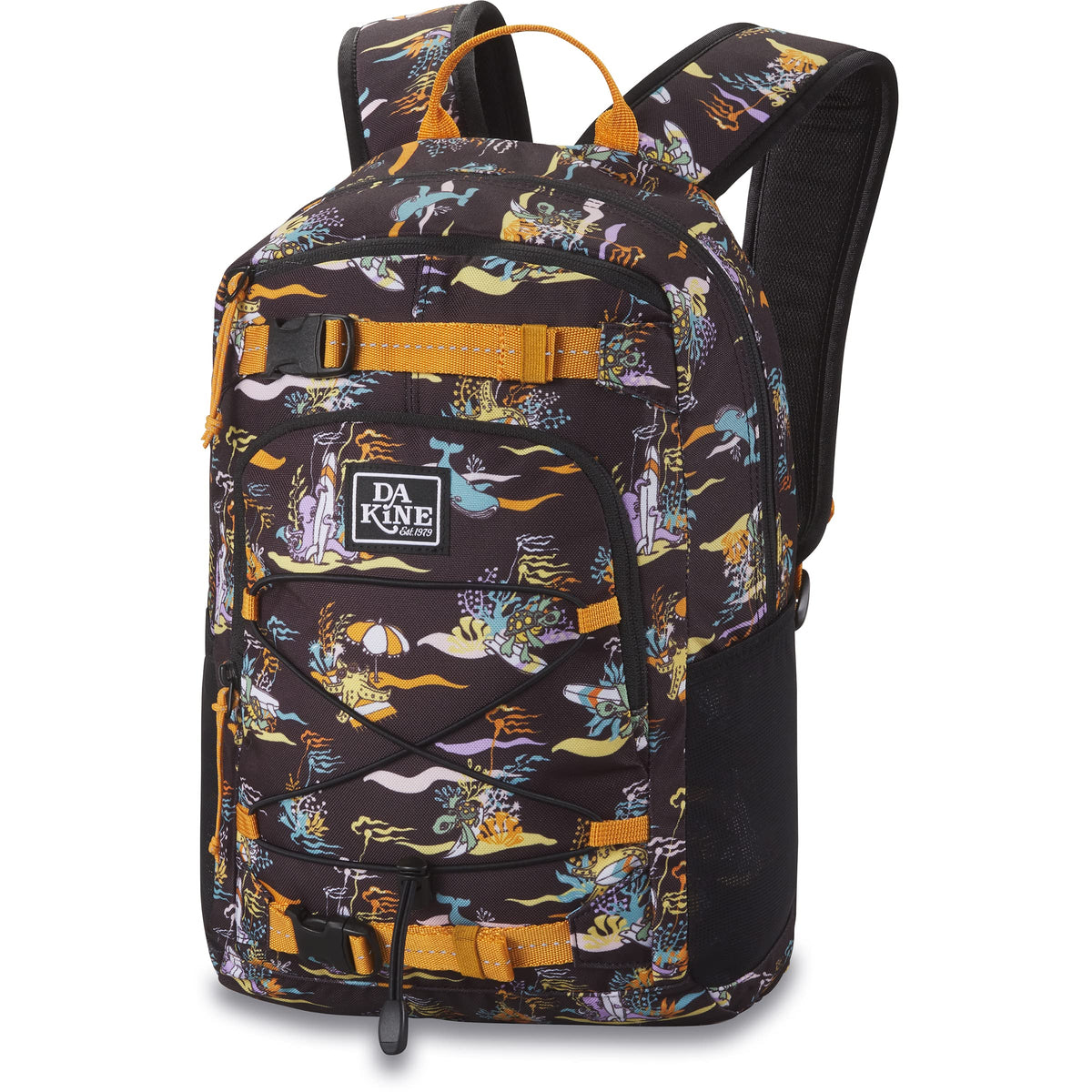 Dakine Youth Grom Pack front view with reflective webbing for daytime safety.