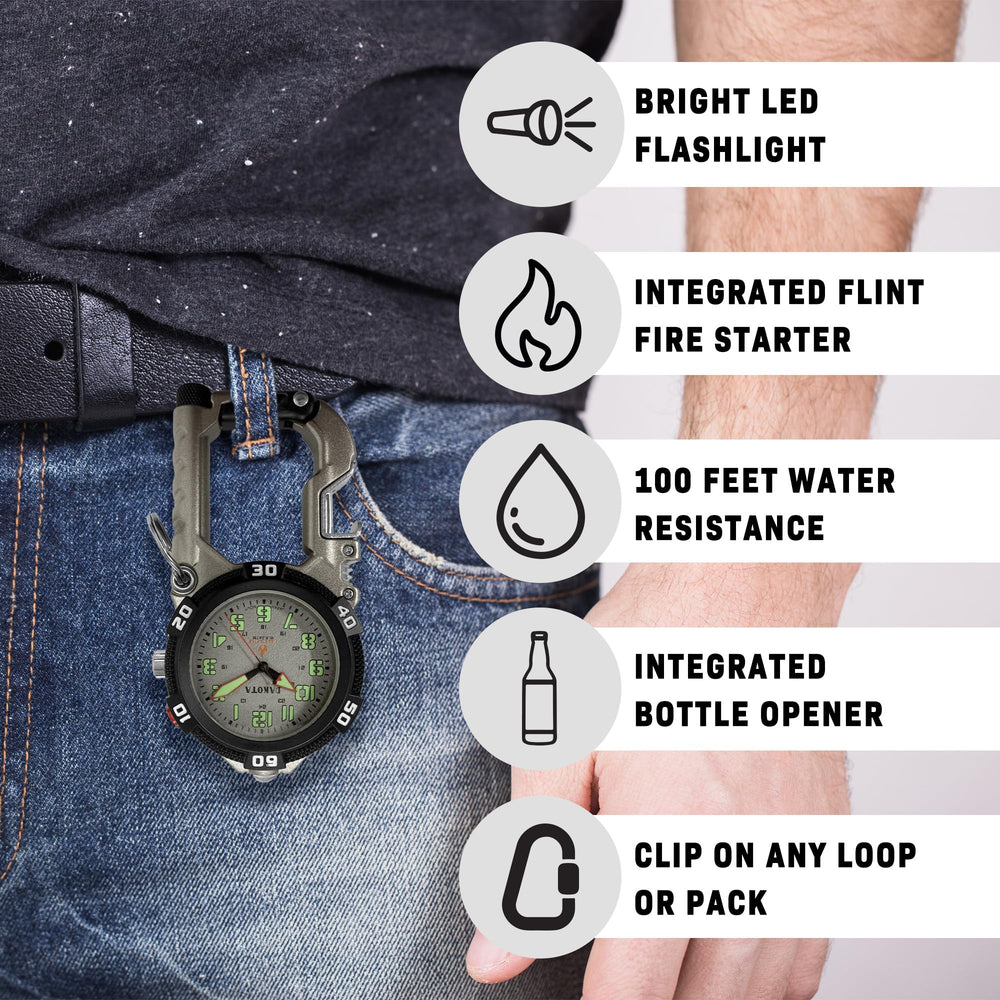 Dakota Flint Clip-On Survival Watch featuring bottle opener for quick refreshment