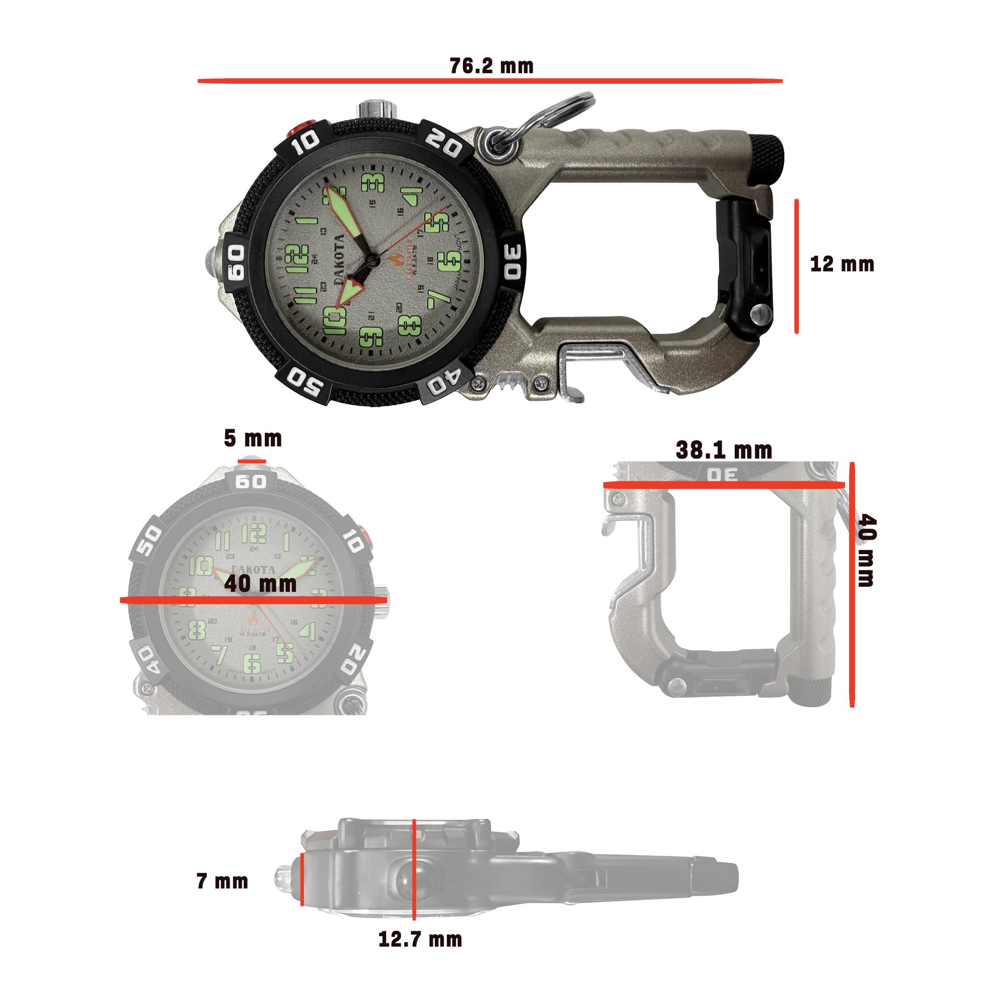 Dakota Flint Clip-On Survival Watch clipped onto gear during hikes