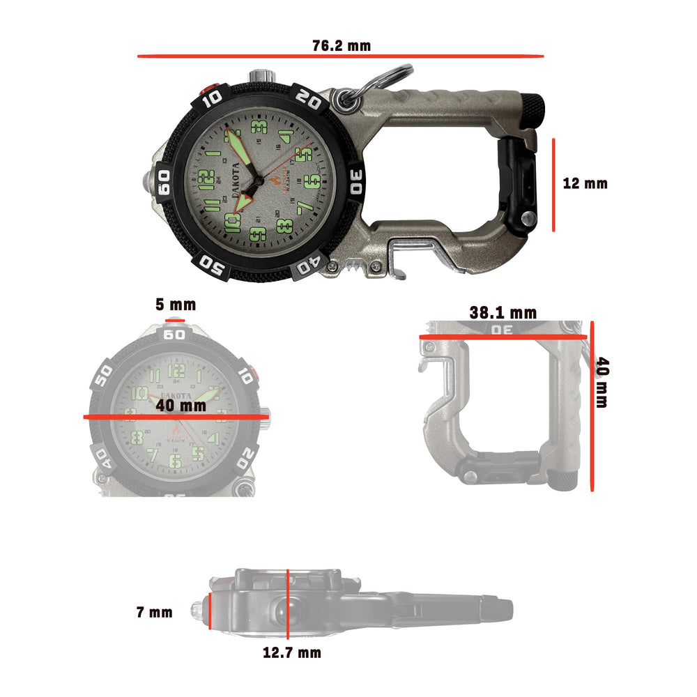 Dakota Flint Clip-On Survival Watch clipped onto gear during hikes