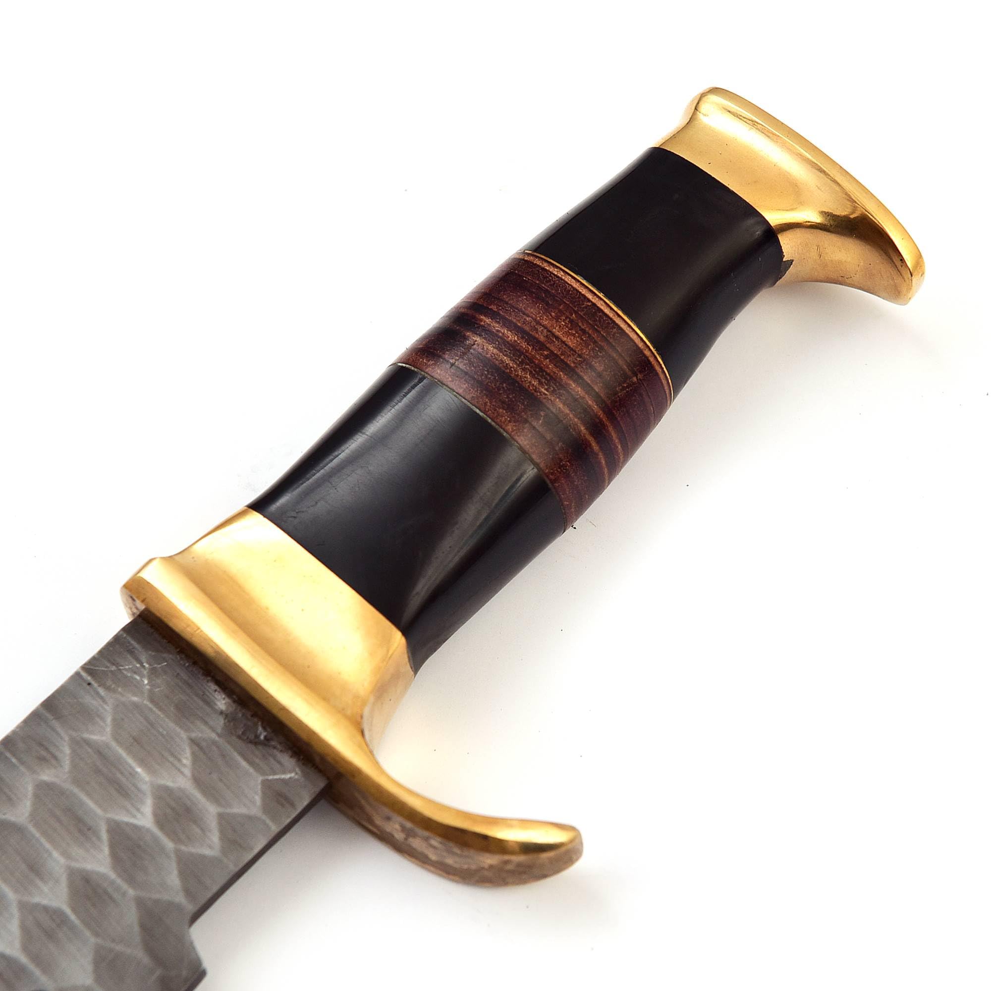 Damascus Depot Bowie knife, rosewood handle scale close-up