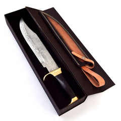 Damascus Depot knife with natural rosewood scales and brass pommel offers a secure grip
