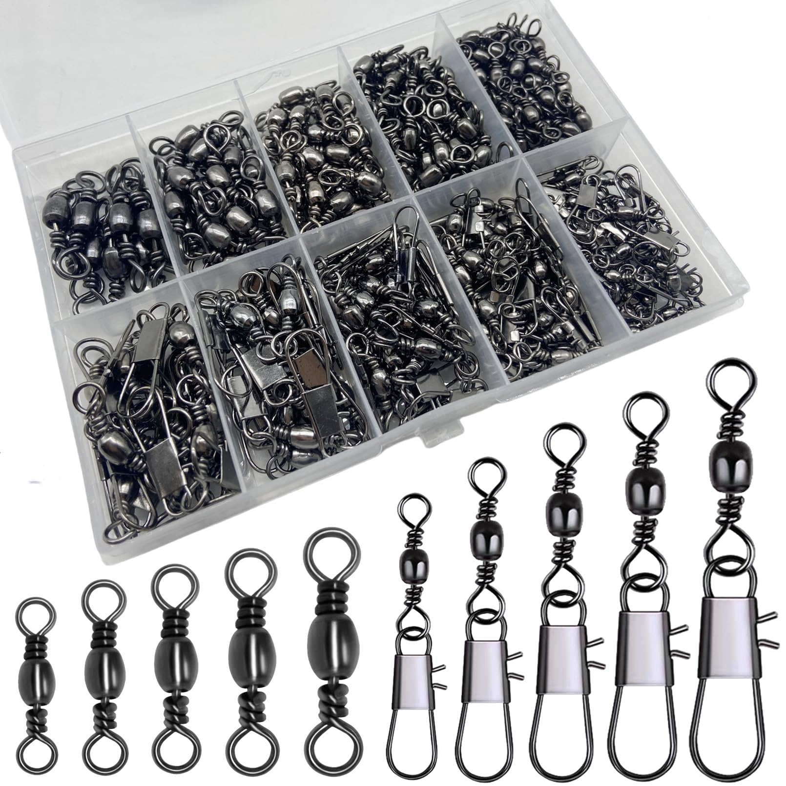 DAMIDEL 260-piece stainless steel fishing barrel swivels box contents