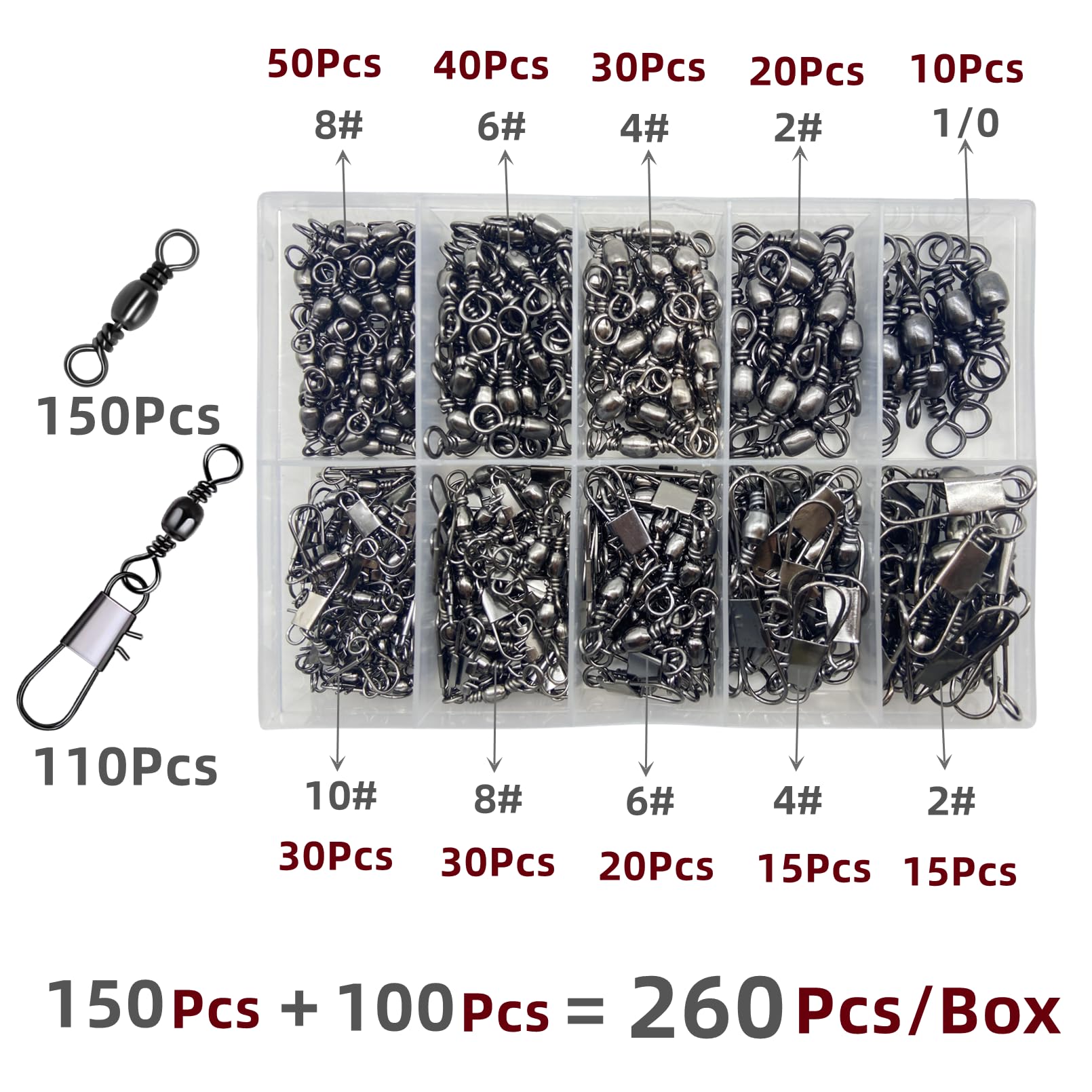 150 stainless steel barrel swivels in assorted sizes 8# to 1/0