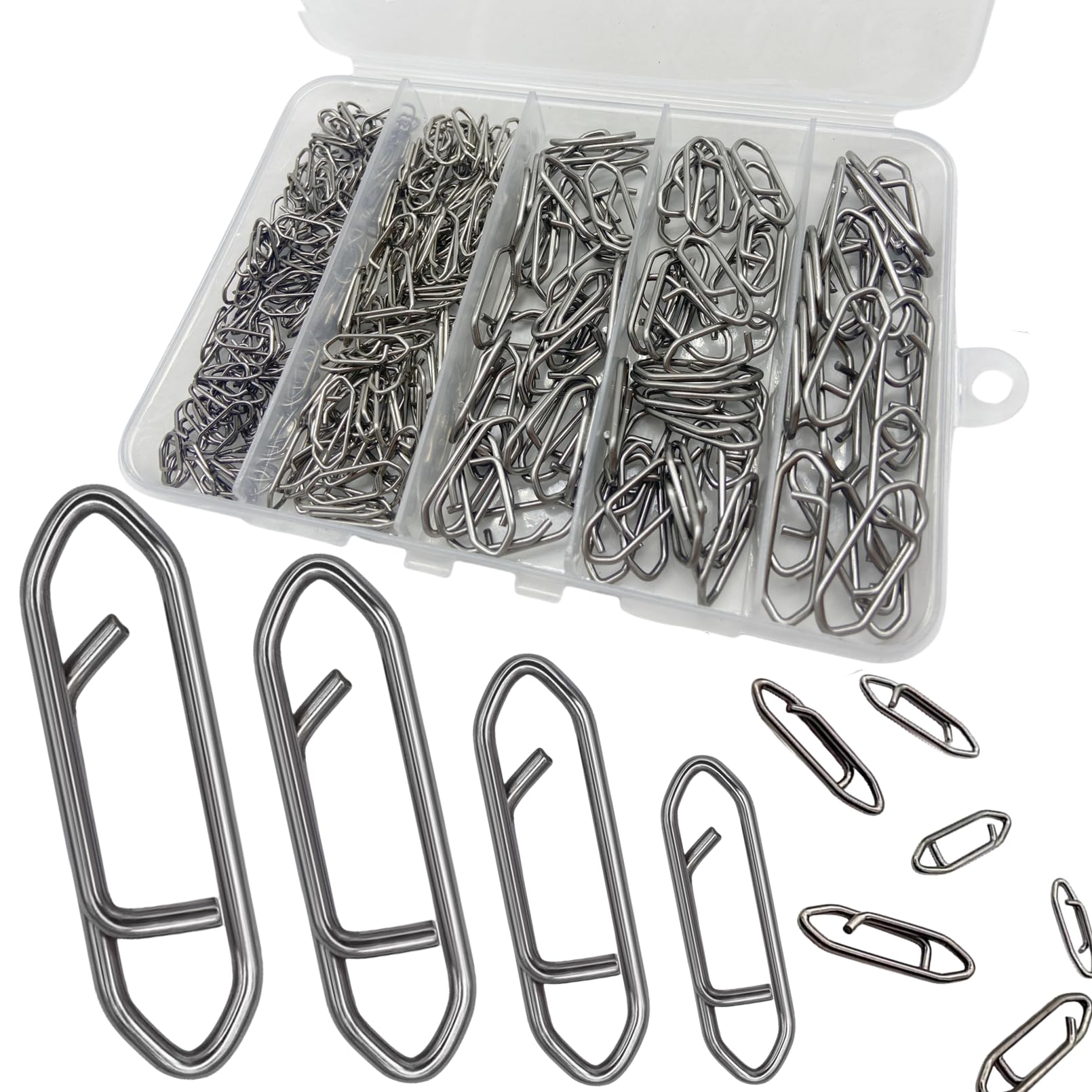 Main image showing DAMIDEL 280-piece stainless steel fishing power speed clips in box