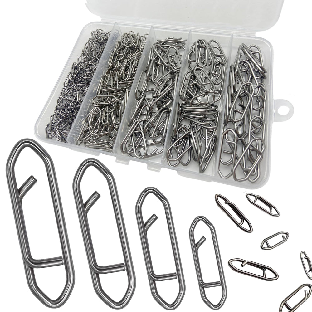 DAMIDEL 280-piece stainless steel fishing clips set showing four sizes: SS, S, M, L