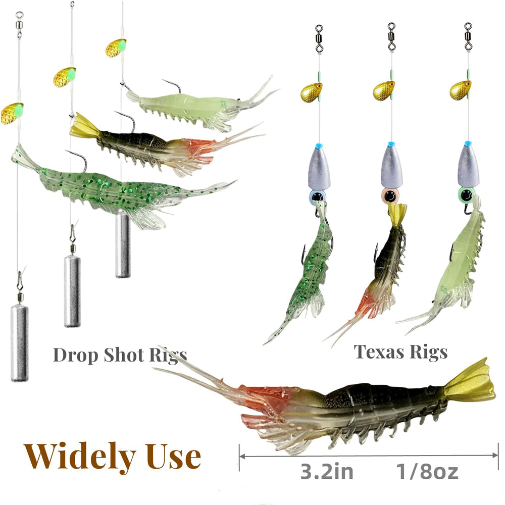 Close-up of universal size 3.2in 1/8oz shrimp lures
