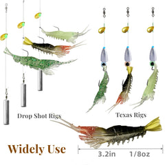 Close-up of universal size 3.2in 1/8oz shrimp lures