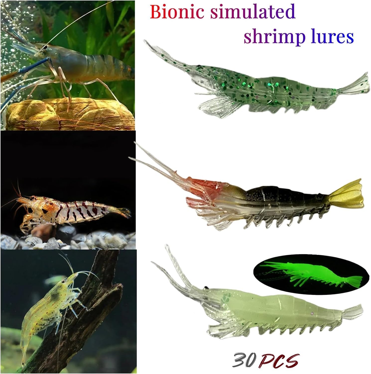 Close-up of luminescent shrimp lures in kit