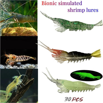 Close-up of luminescent shrimp lures in kit